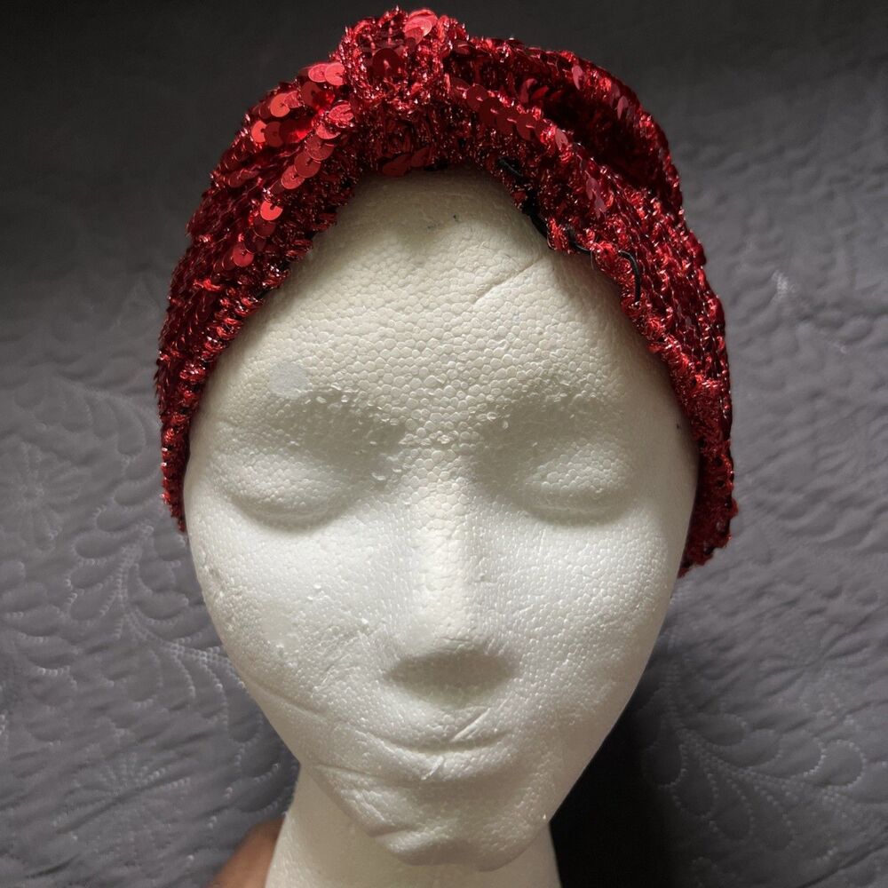 Vintage 1980s Shiny Red Sequin Top-Knot Wide Headband Cuffiet Glam Rock Chic